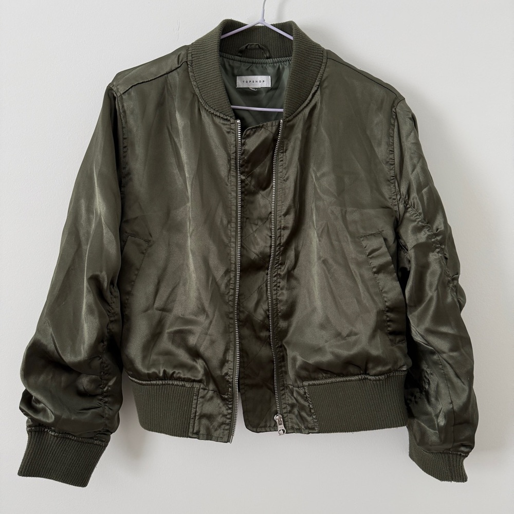 TOPSHOP Green Satin Bomber Jacket